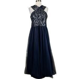Eliza J Women's Formal Dress Size 12P Blue Sequined Tulle Sleeveless Ball Gown